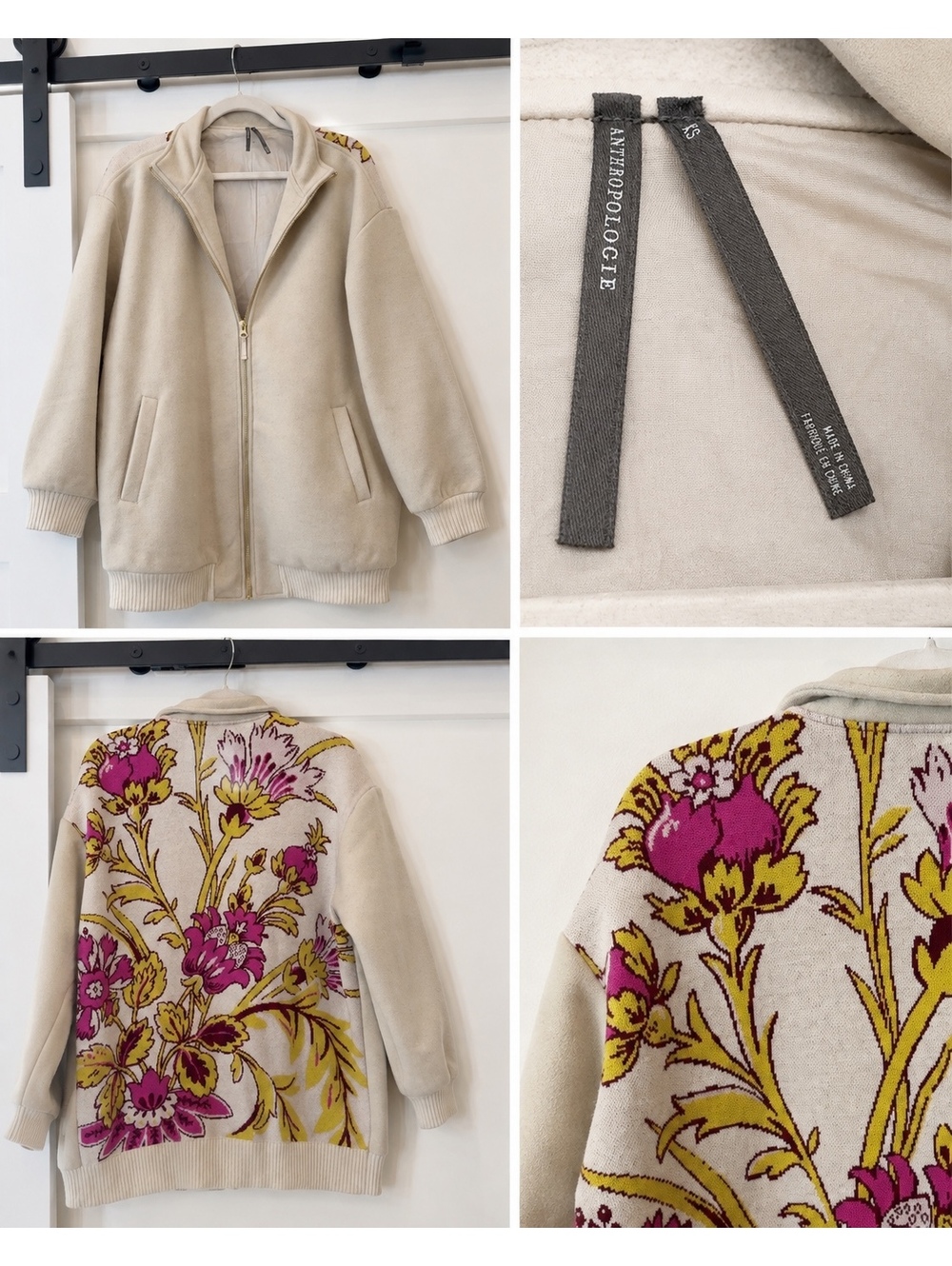 Anthropologie XS Cream Zip Front Jacket Floral Back Statement Jacket